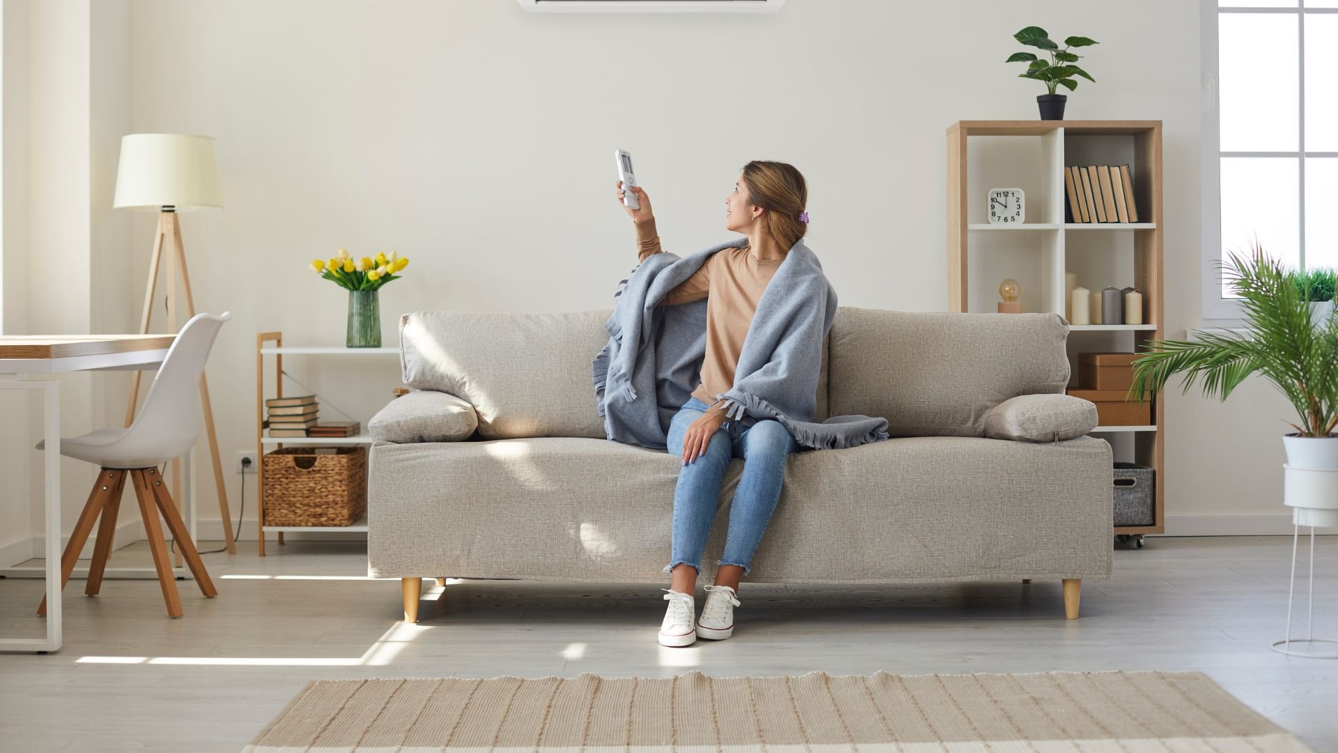 Woman sitting on couch using remote control in minimalist living room