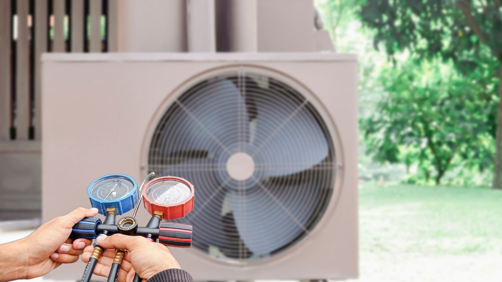 Technician checking refrigerant levels on air conditioning unit